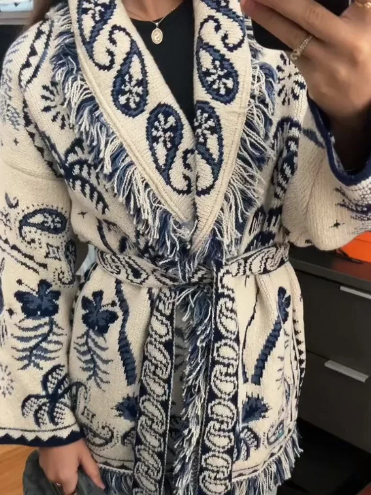 Frauen Quaste Patchwork Gedruckt Strickjacke Mode V-ausschnitt Langarm Lose Strickwaren Dame Herbst Pendeln Straße Strickjacken
