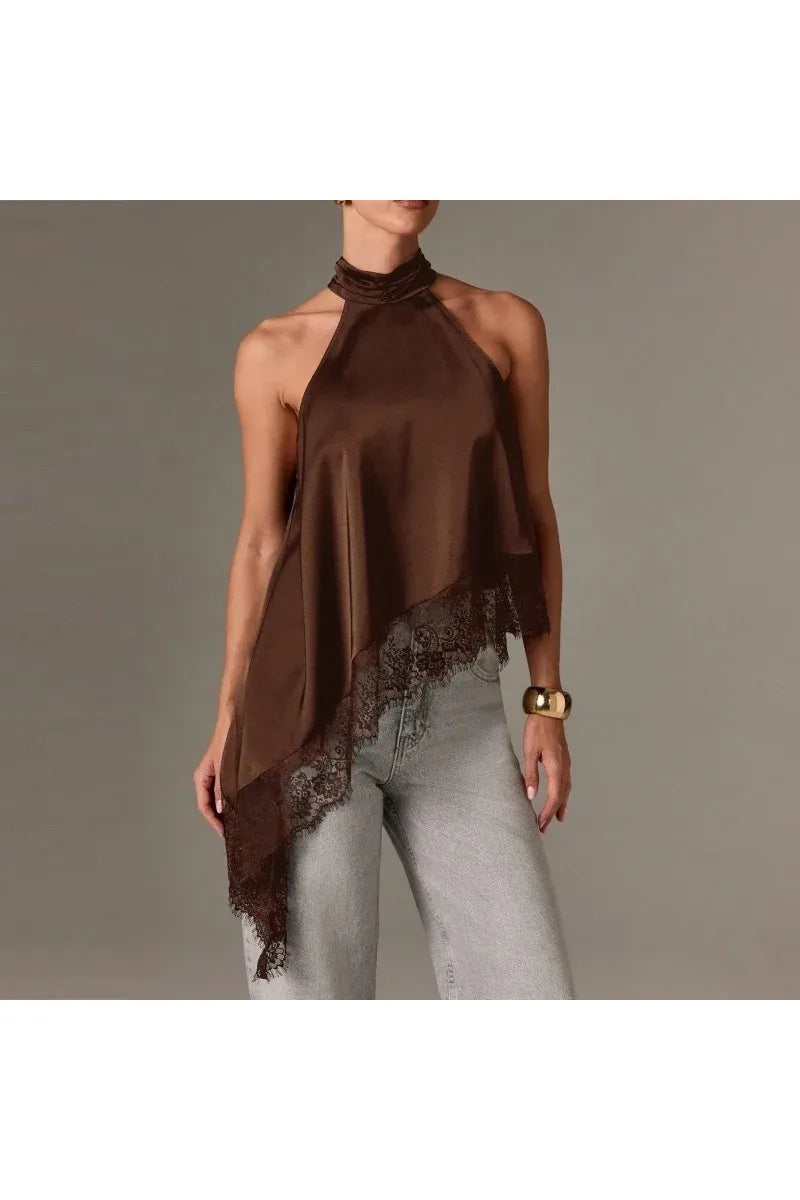 LUNA - Satin Lace Neckholder Top – Elegantes Abend Crop Top