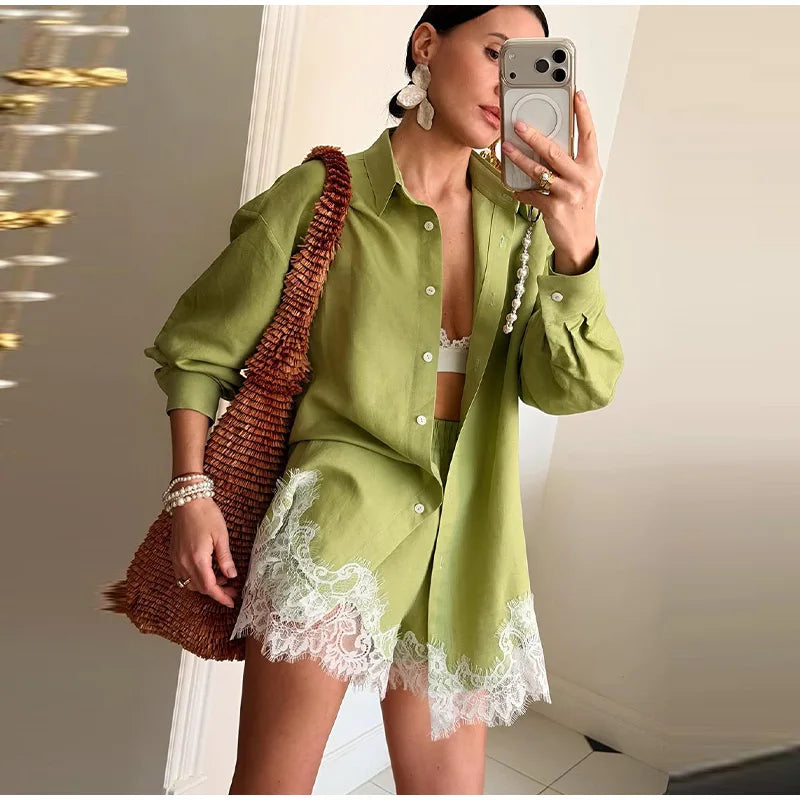 Strandhemden & Shorts Outfits für Damen: Revers, Einreiher, Lange Ärmel, Spitzen-Patchwork-Sets – Frühling/Sommer 2026 Urlaubs-Sets für Frauen