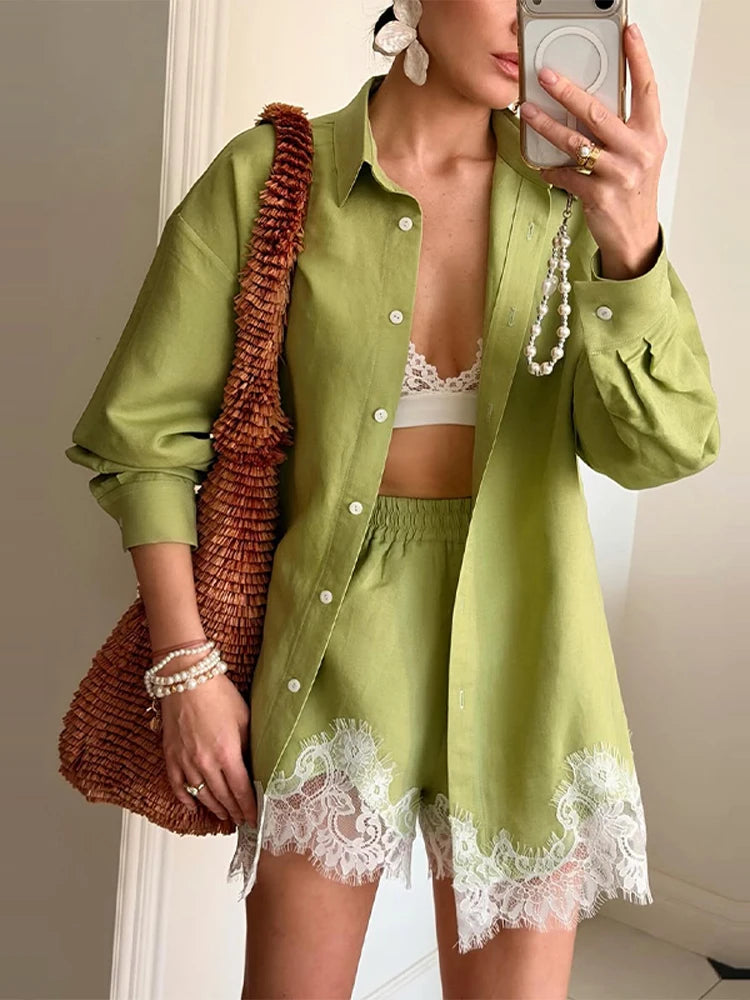 Strandhemden & Shorts Outfits für Damen: Revers, Einreiher, Lange Ärmel, Spitzen-Patchwork-Sets – Frühling/Sommer 2026 Urlaubs-Sets für Frauen
