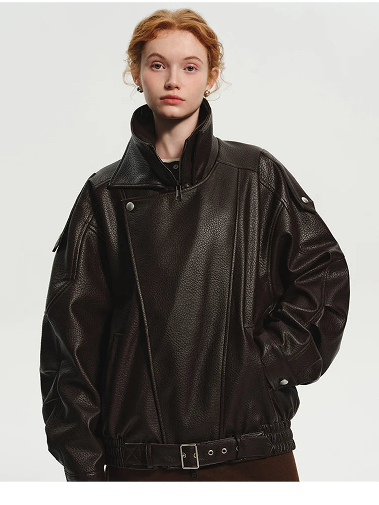 Lautaro Frühling Herbst Kühle Braun Übergroße Pu Leder Jacke Frauen Langarm Zip Up Luxus Designer Amerikanische Retro Kleidung