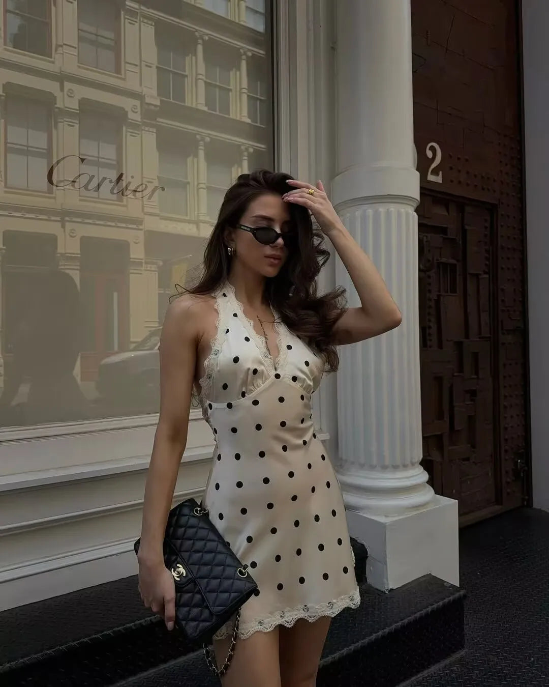 YENKYE Lace Spliced Polka Dot Halter Dress Women Elegant A-line Mini Sexy Backless Dresses Summer Robe 2025