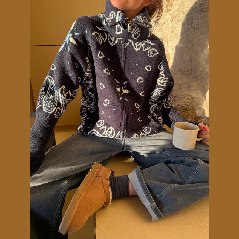 Frauen Gestrickte Getäfelten Pullover drehen-unten Kragen Flare Hülse Reißverschlüsse Mantel Strickjacke Casual Büro Dame Herbst 2025, Pullover