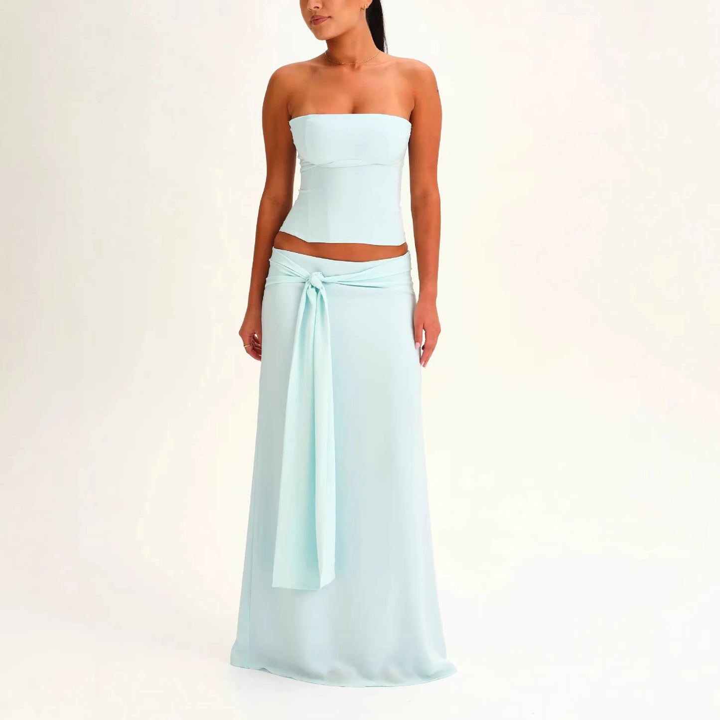 Solid Thin Skirts Set for Women Lace Up Strapless Tight Top Low Waist Straight Skirt 2026 NEW Summer Vacation Party Lady Outfit