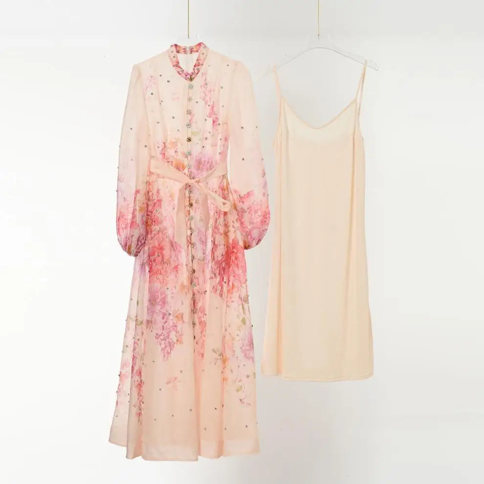 Spring Summer 2026 New Style Long Skirt Dress Women's Maxi Dress Diamond Floral Print High Waist Long Sleeve Street Style Ele...