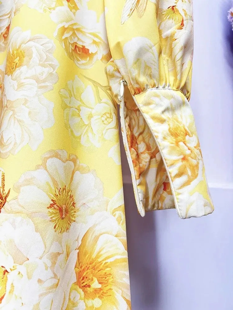 Elegant Floral Print Mini Dress 2025 New Style Stand Collar Single Button Belt Lantern Sleeve Holiday Maxi Skirt Dress