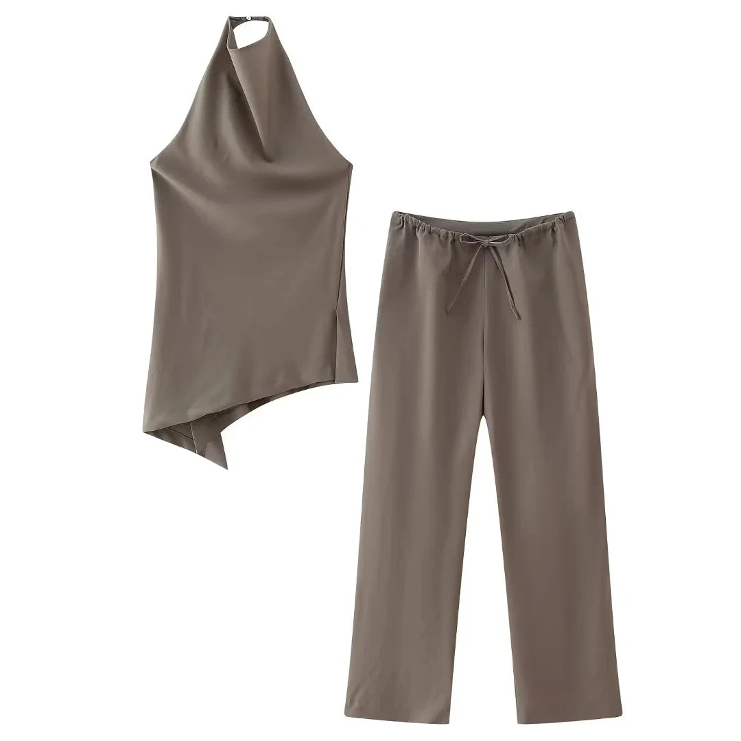HH Women Vintage Solid Pant Sets Sexy Backless Halter Camis Top Asymmetric Tank Top + Drawstring Trousers Fashion Streetwear