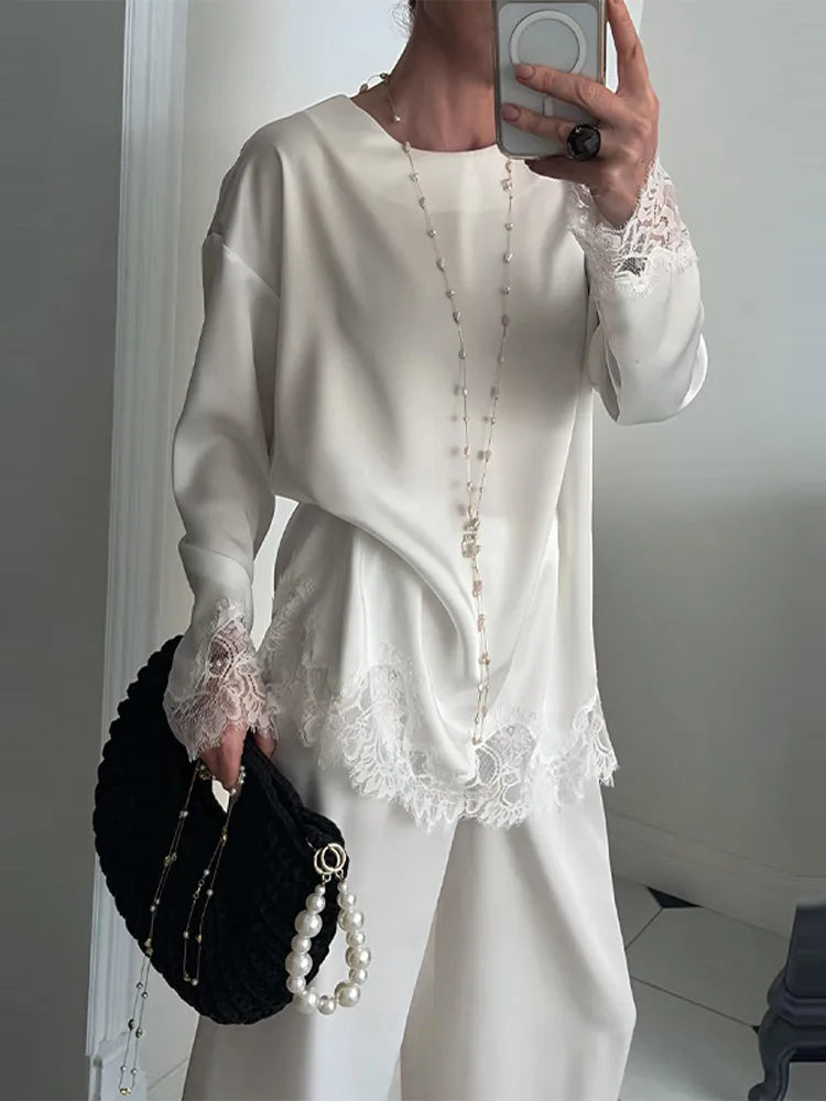 Lady Chic Diamond Beaded Tassel Hem Skirt 2026 Lace Trim Full Sleeve Shirt Short Skirt Outfits Casual Luxury Satin 2 Piece Set