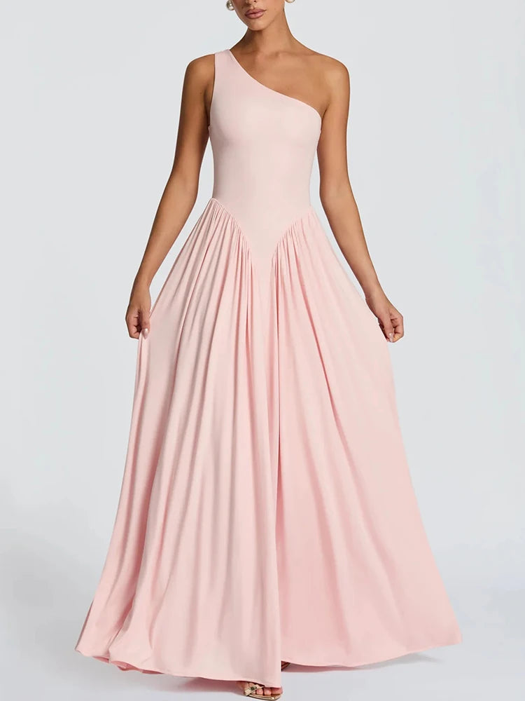 Mozision One Shoulder Backless Sexy Maxi Dress Women Elegant Diagonal Collar Sleeveless Bodycon Pleated Club Party Long Dresses