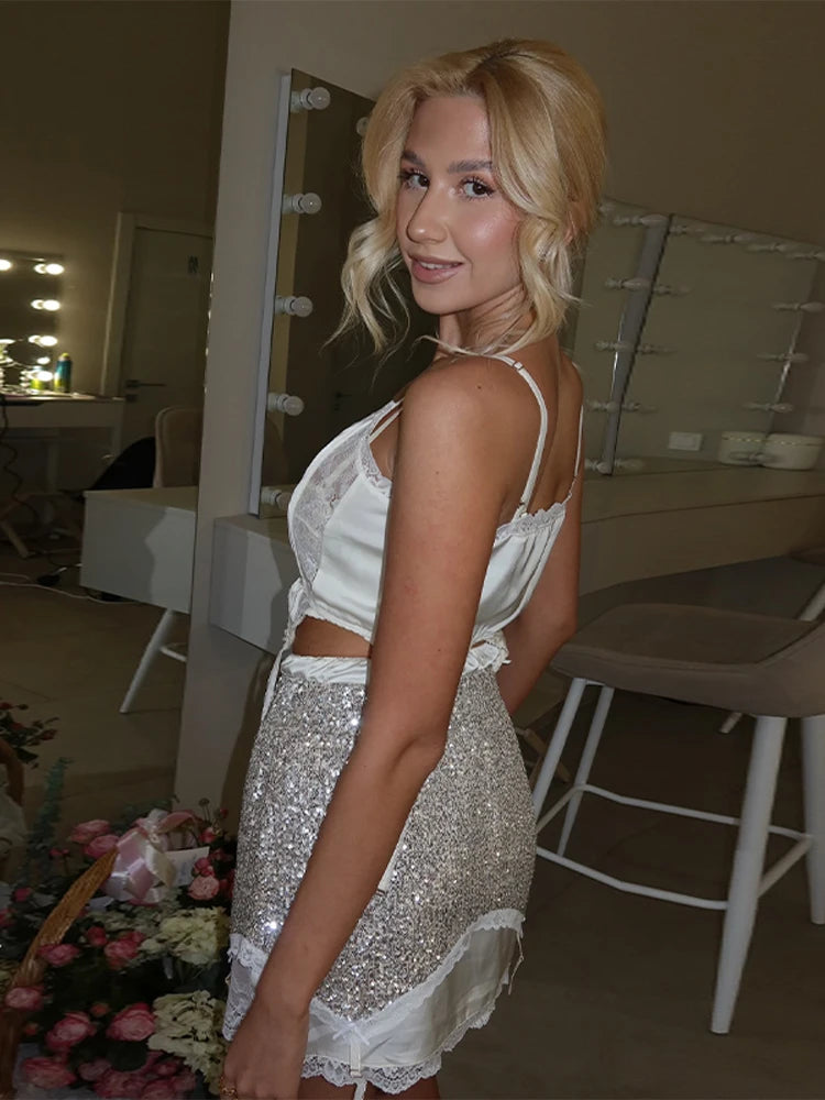 Sexy Women's Lace Sequined Vest Short Skirt Sets V-neck Backless Crop Sling Tops Mini A-line Skirt 2026 Summer Lady Beach Suit
