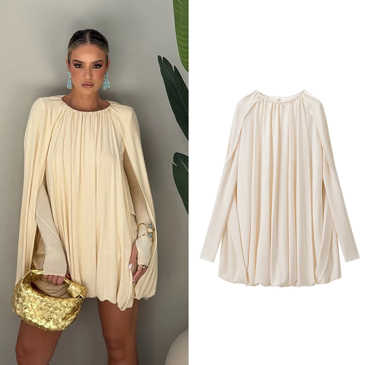 Woman Fashion Elegant Dress Spring Summer Female Long Sleeves Cape Style Pleated Loose Dress Lady Commuting Casual Party Dress