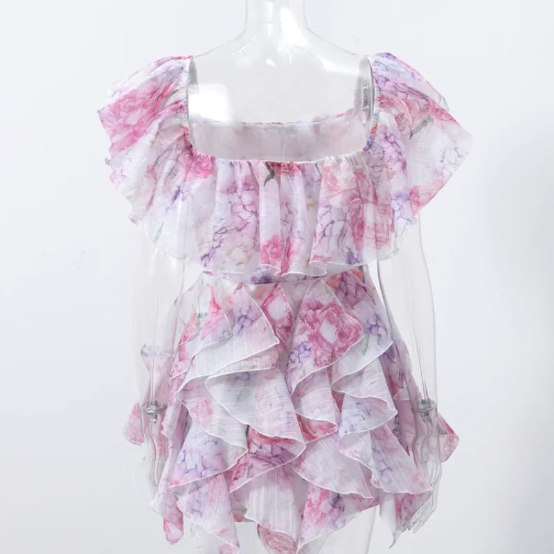 Chic Floral Printed Mini Dress Backless Sleeveless Hem Stacking Dresses Sweet A Line Vestidos 2025 New Lady Party Club Clothing