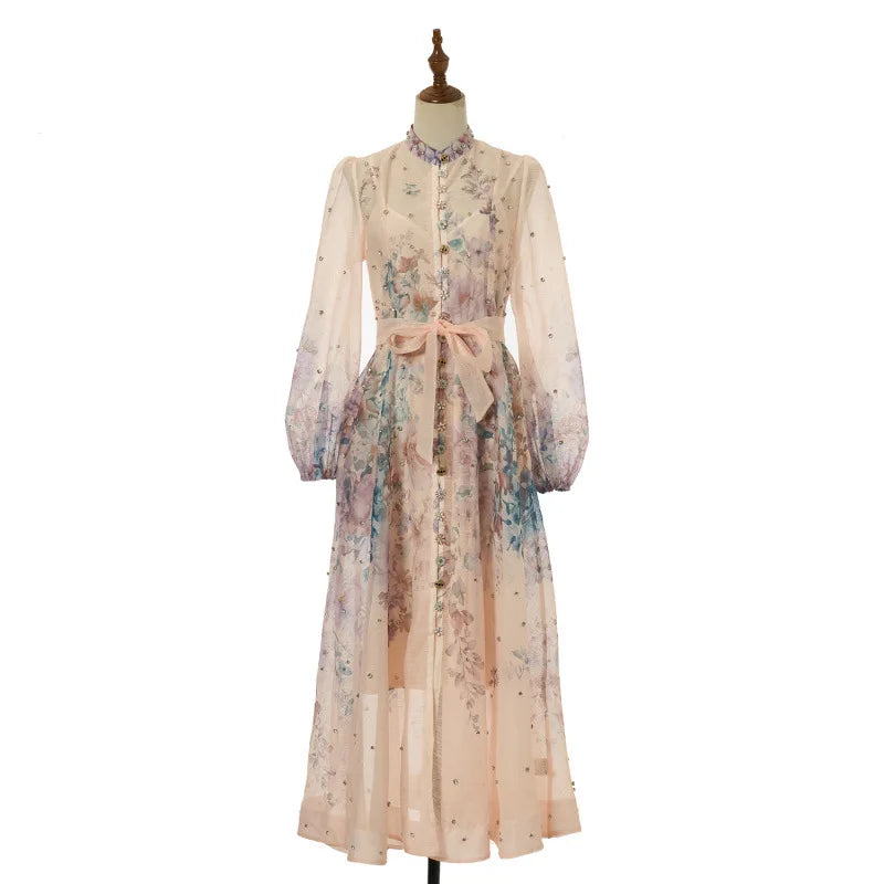 Spring Summer 2026 New Style Long Skirt Dress Women's Maxi Dress Diamond Floral Print High Waist Long Sleeve Street Style Ele...