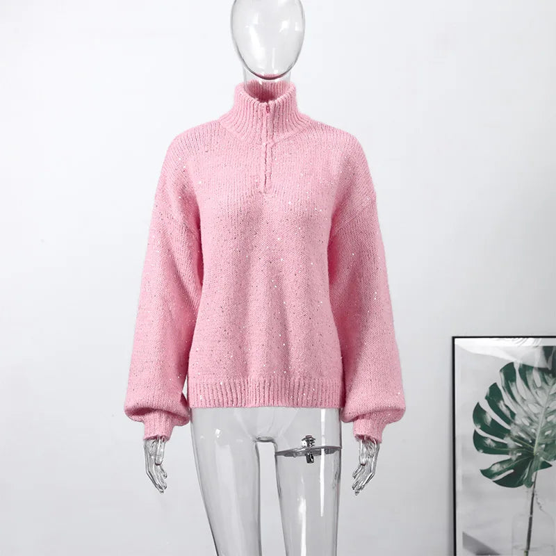 Casual Pailletten Lose Pullover Frauen Volle Hülse Gestrickte Solide Shinny Revers Reißverschlüsse Pullover Weibliche 2026 Frühling Dame Outwears