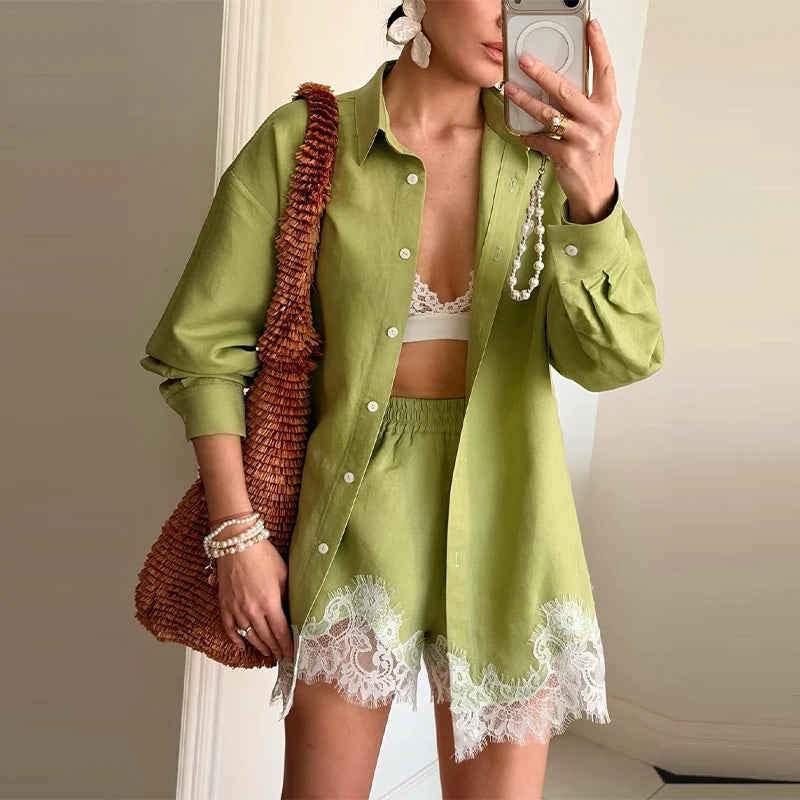 Strandhemden & Shorts Outfits für Damen: Revers, Einreiher, Lange Ärmel, Spitzen-Patchwork-Sets – Frühling/Sommer 2026 Urlaubs-Sets für Frauen