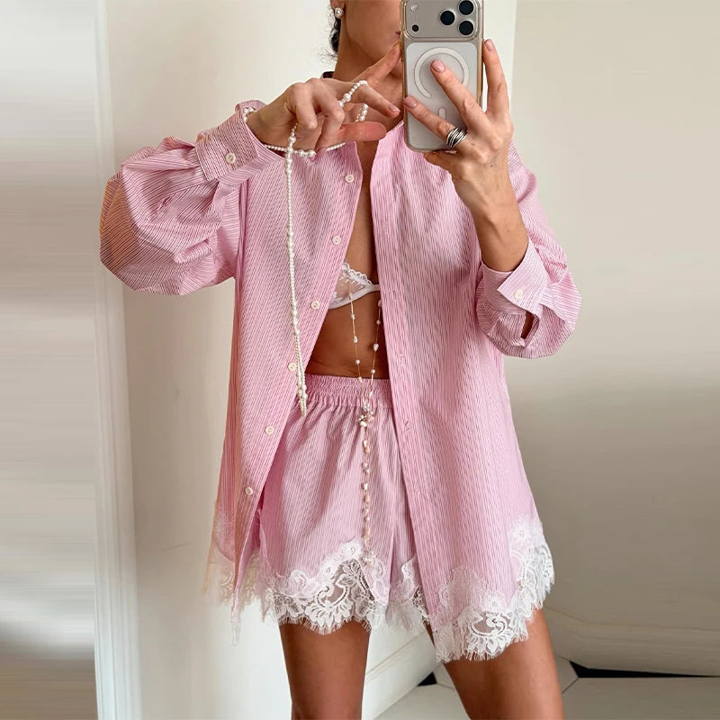 Strandhemden & Shorts Outfits für Damen: Revers, Einreiher, Lange Ärmel, Spitzen-Patchwork-Sets – Frühling/Sommer 2026 Urlaubs-Sets für Frauen