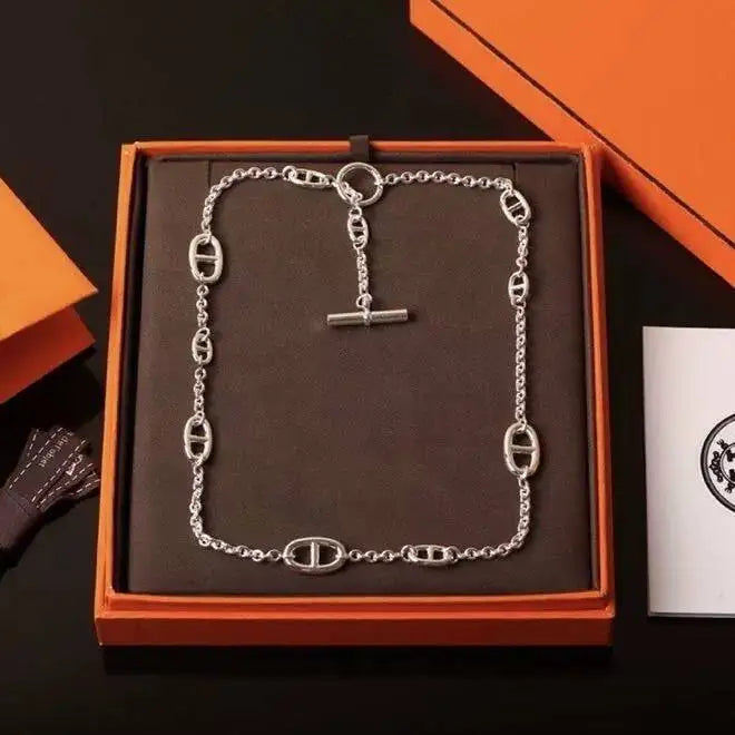Halskette im Industrial-Stil mit Schweinenasen-Design, lange 925er Silber-Schulterkette mit mehreren Schichten, luxuriöse Halskette