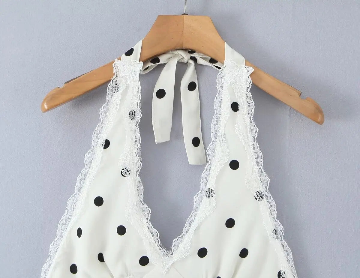 YENKYE Lace Spliced Polka Dot Halter Dress Women Elegant A-line Mini Sexy Backless Dresses Summer Robe 2025