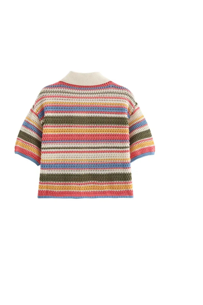 Frauen Patchwork Gestreiften Aushöhlen Häkeln Gestrickte Crop Pullover Shorts Set Kurzarm Polo Kragen Pullover Stricken Shorts Anzug Y2K