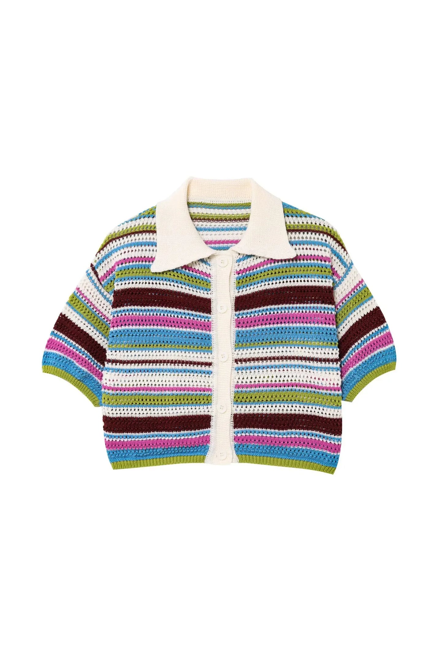 Frauen Patchwork Gestreiften Aushöhlen Häkeln Gestrickte Crop Pullover Shorts Set Kurzarm Polo Kragen Pullover Stricken Shorts Anzug Y2K