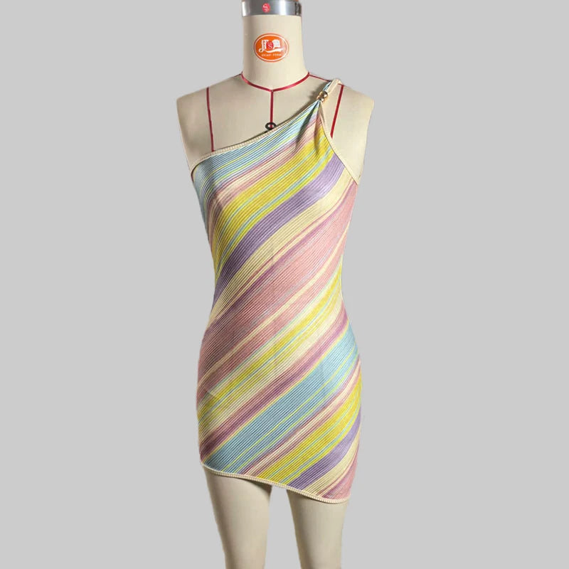 Elegant Woman Dress Multi Color Patchwork Diagonal Collar Mini Dress Women Summer Sleeveless Sexy Bodycon Dress Party Vestidos