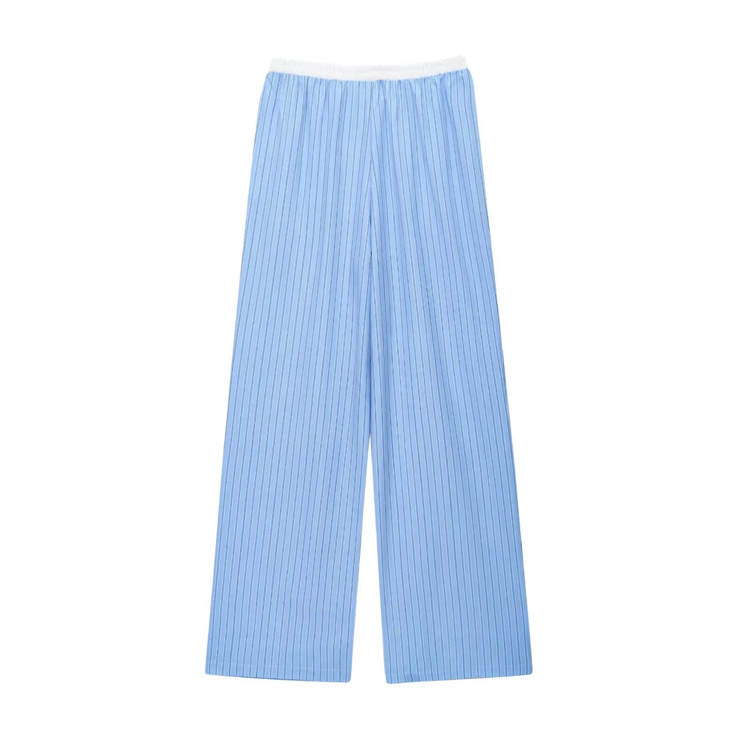 HH Women's Striped Pants Suit Bat Sleeve Loose Poplin Shirt+Elastic Waist Side Pocket Boxer Panties Pajama Style Casual Pant