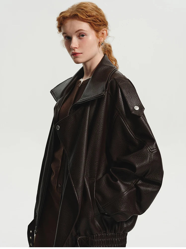 Lautaro Frühling Herbst Kühle Braun Übergroße Pu Leder Jacke Frauen Langarm Zip Up Luxus Designer Amerikanische Retro Kleidung