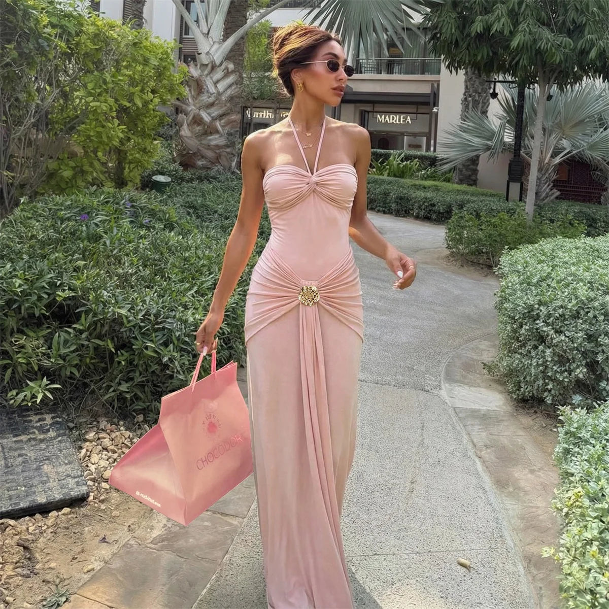 Pink 2Pieces Halter Swimsuit 2026 Bandeau Biquini Sexy Bikini Women Swimwear Push Up Bathing Suits Female Long Skirt Beachwear