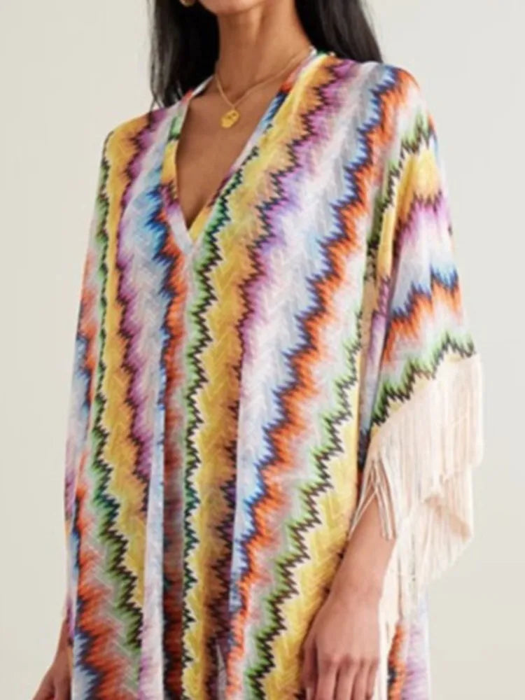 Bohemian Wave Print Long Dresses Women Fashion Casual Vacation Style Irregular V-neck Loose Dress Tassel Patchwork Beach Vestido