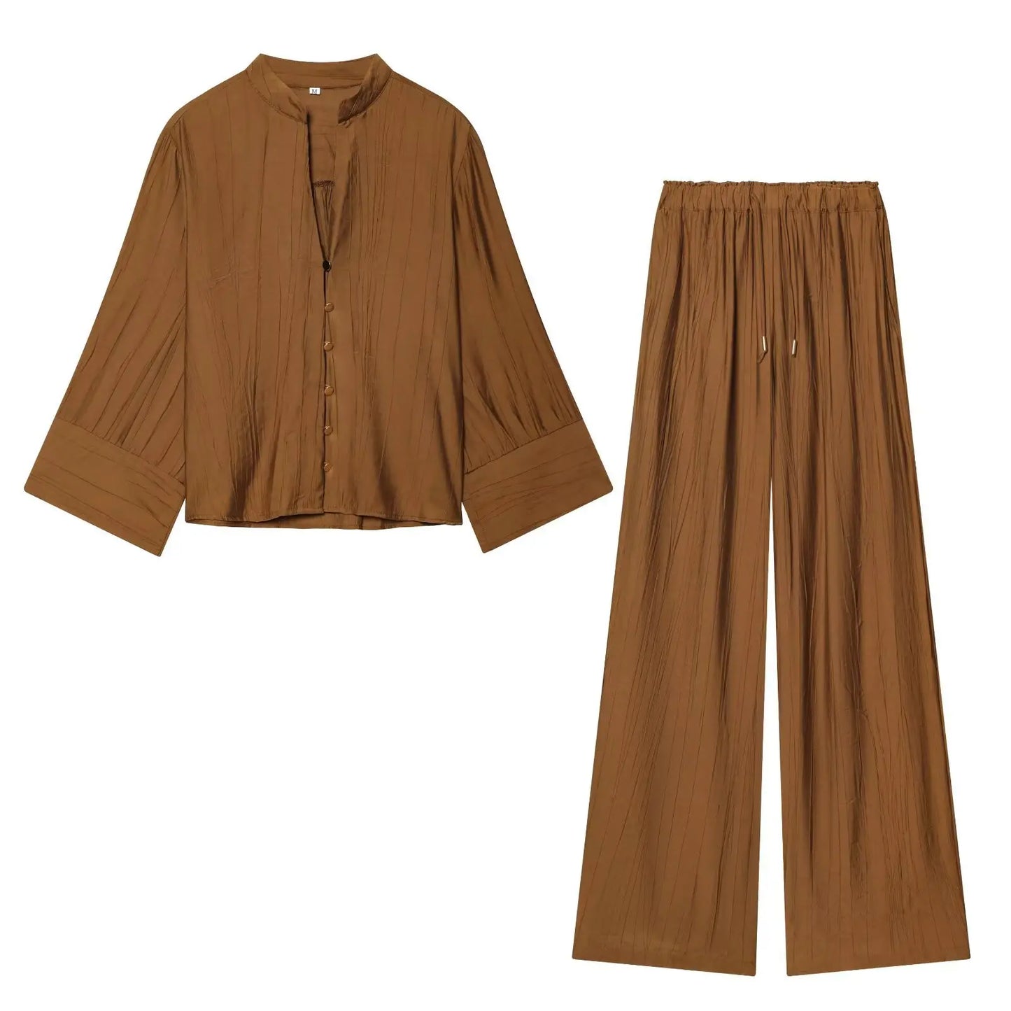 Loose Long Sleeve V-Neck Shirt Elastic Waist High Waist Wide Leg Pants Set Women's Casual Comfortable Polyester Spring Summer