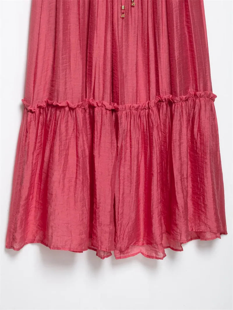 2025 Summer Women Red Folds Shirt Skirts Sets Lace Up Long Sleeves Shirts+High Waist Pleated Skirt Fashion Lady Outfits