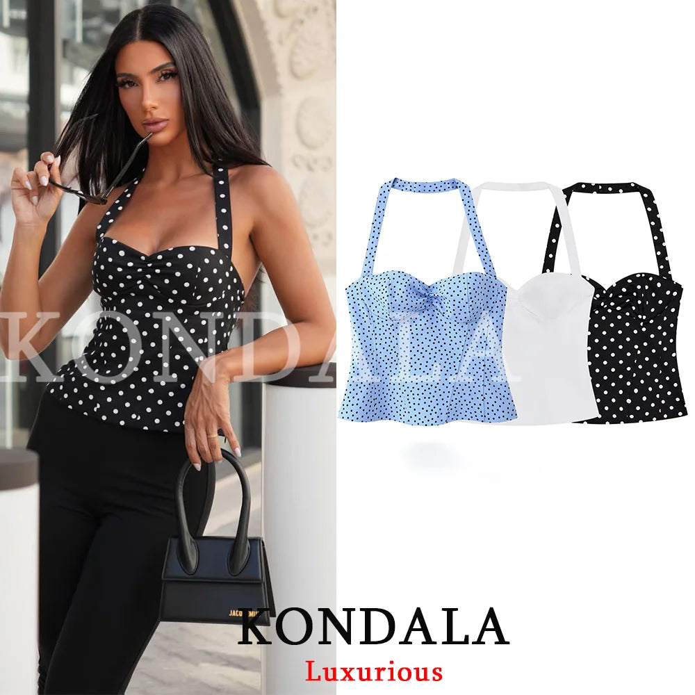 KONDALA Sexy Y2K Girl Halter Tops Corset Slim Polka Dot Print Short Tops Fashion 2026 Spring Summer Streetwear Holiday Beach Top