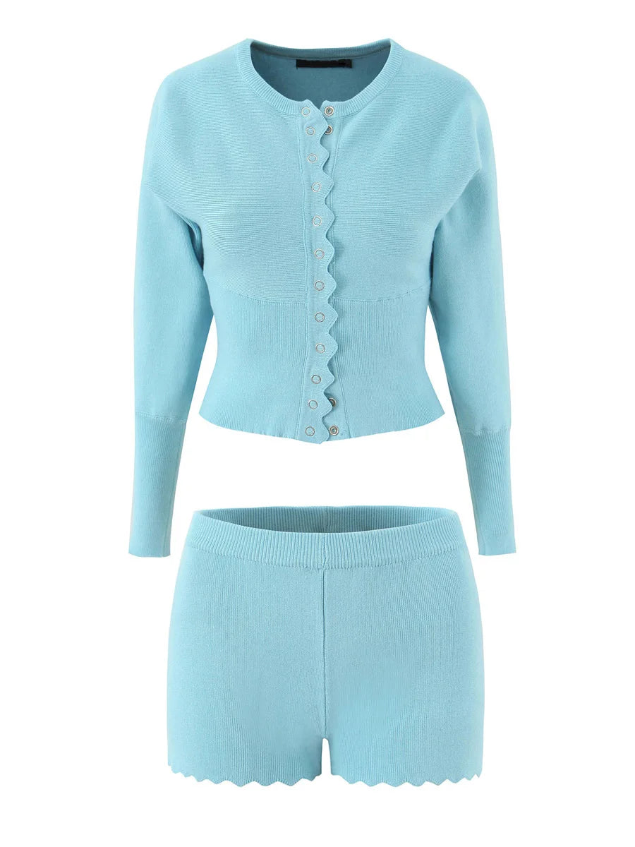 TWOTWINSTYLE Zwei Stück Set Für Frauen O Hals Laterne Hülse Patchwork Tasten Tunika Strickjacke Mittlere Taille Shorts Casual Anzug Weibliche