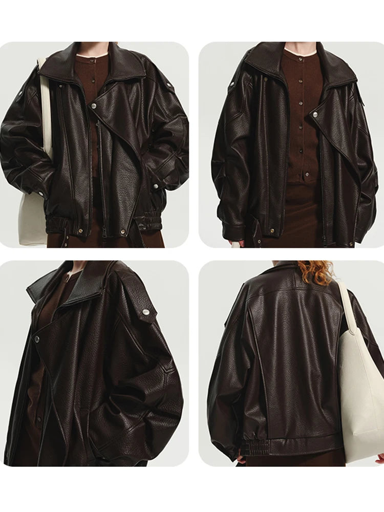Lautaro Frühling Herbst Kühle Braun Übergroße Pu Leder Jacke Frauen Langarm Zip Up Luxus Designer Amerikanische Retro Kleidung