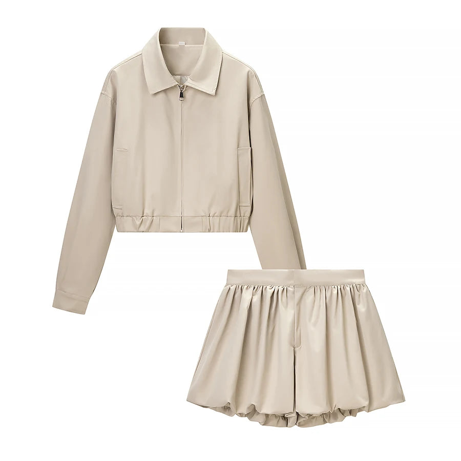 Frauen Mode Casual Shorts Sets Weibliche Zipper Jacke Langarm Revers Kurze Mäntel Und Dame Chic Streetwear Ballon Shorts