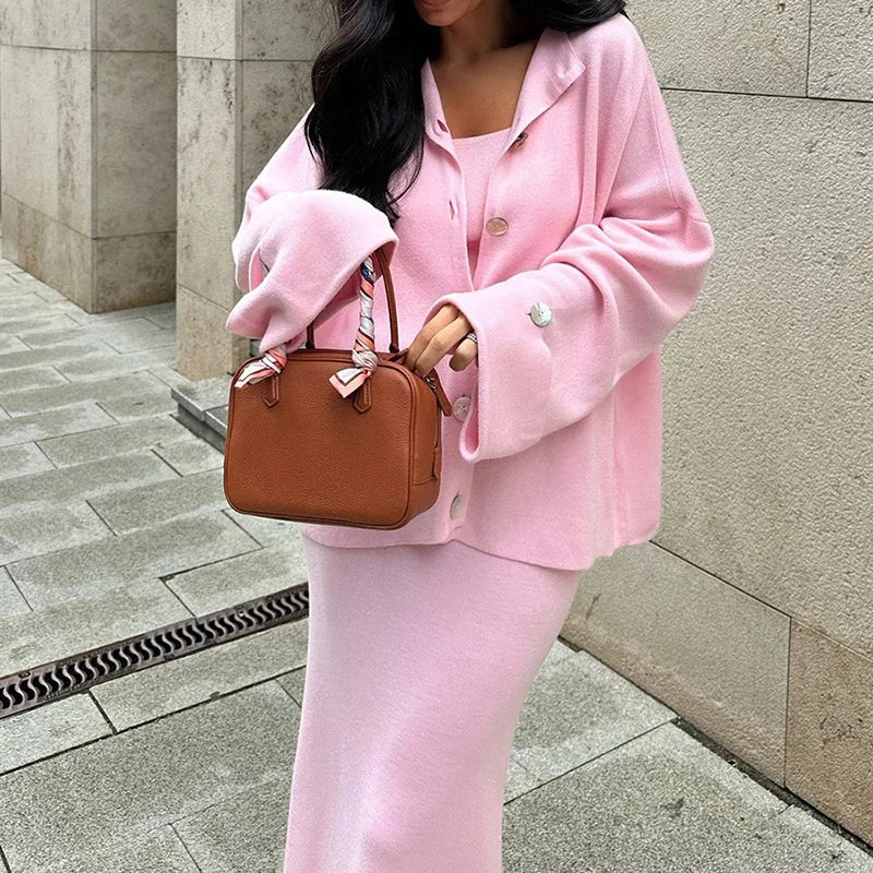 Mode Drei Stück Sets Frauen Outfits Solide Strick Weste Lose Einreiher Langarm Mäntel Winter Chic Maxi Rock Sets