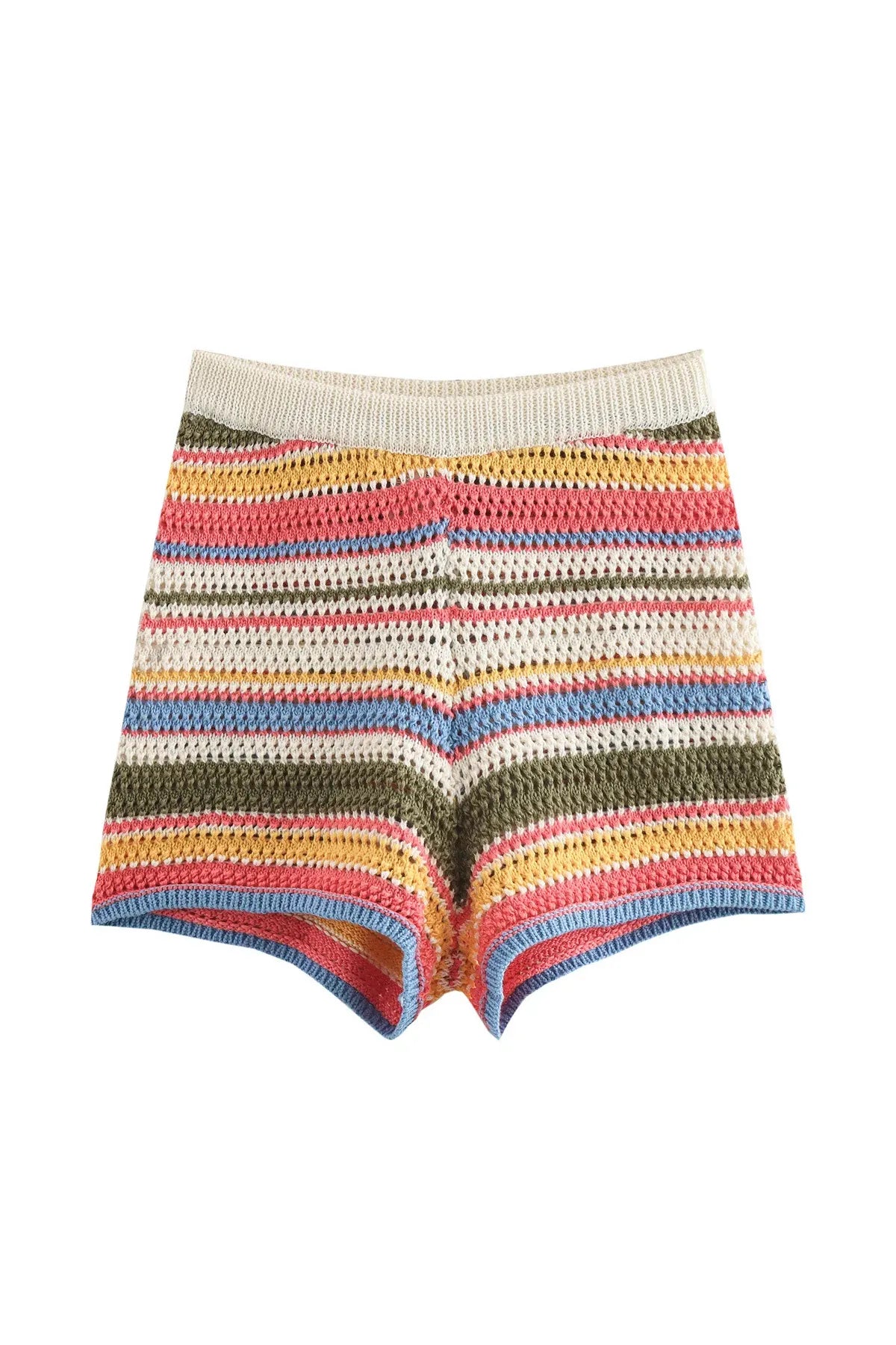 Frauen Patchwork Gestreiften Aushöhlen Häkeln Gestrickte Crop Pullover Shorts Set Kurzarm Polo Kragen Pullover Stricken Shorts Anzug Y2K