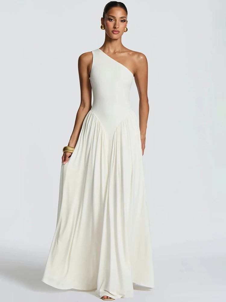 Mozision One Shoulder Backless Sexy Maxi Dress Women Elegant Diagonal Collar Sleeveless Bodycon Pleated Club Party Long Dresses