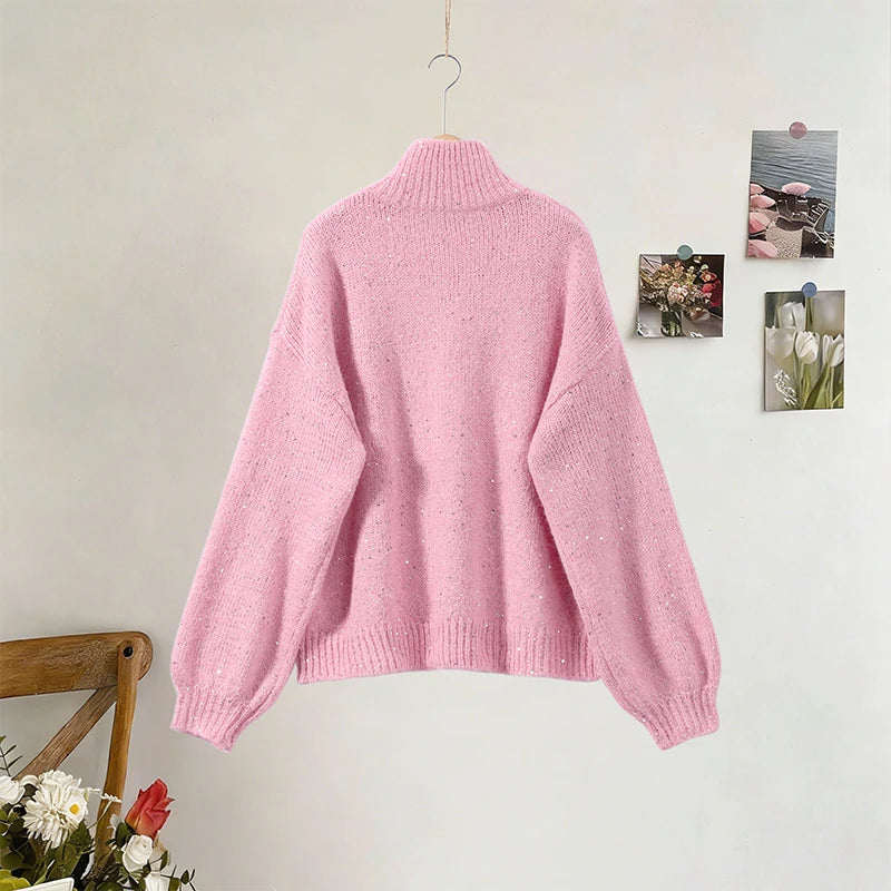 Casual Pailletten Lose Pullover Frauen Volle Hülse Gestrickte Solide Shinny Revers Reißverschlüsse Pullover Weibliche 2026 Frühling Dame Outwears