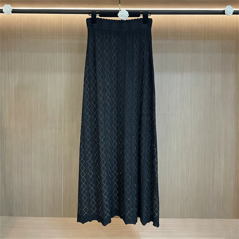New Summer Women'sRound Neck Glitter Short SleeveStriped Knit Cardigan Set with High-Quality Elastic Waist Skirt (Two-Piece Set)