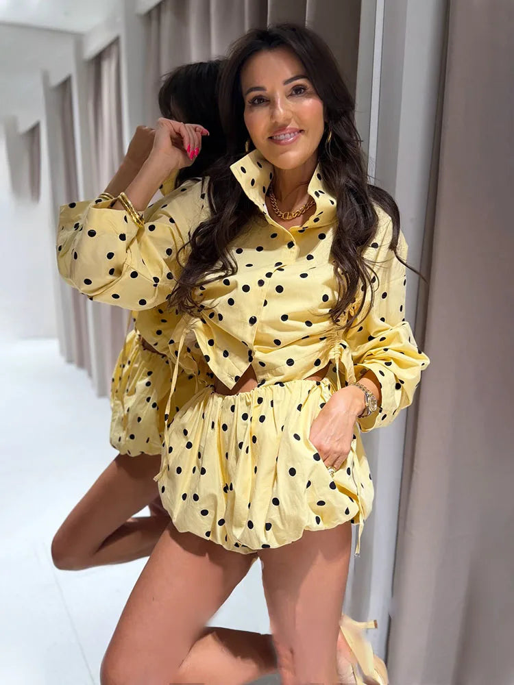 HH 2026 Women 2 Piece Set Long Sleeves Single Breasted Shirring Polka Dot Short Coat+Casual Elastic Waist Balloon Fit Shorts