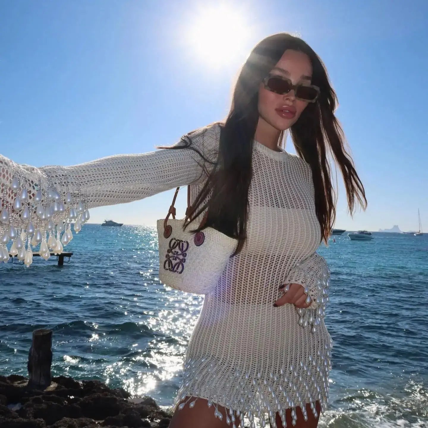 Pearl Corchet Mini Dress Women Summer Party Long Sleeve Knitting Dresses Cover Up Elegant Slim Vestidos Holiday Beach Robe