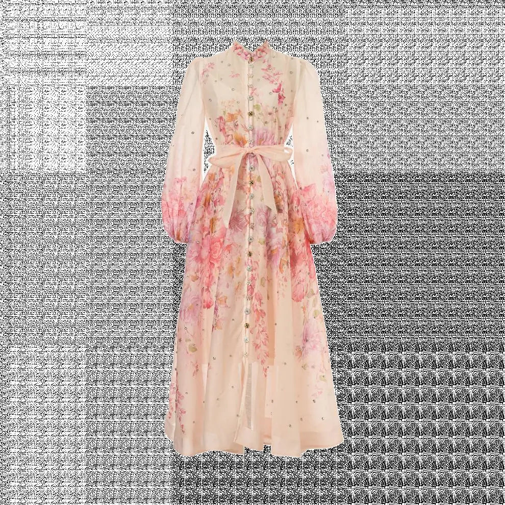 Spring Summer 2026 New Style Long Skirt Dress Women's Maxi Dress Diamond Floral Print High Waist Long Sleeve Street Style Ele...