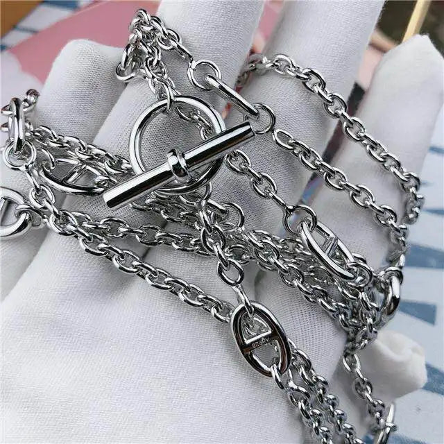 Halskette im Industrial-Stil mit Schweinenasen-Design, lange 925er Silber-Schulterkette mit mehreren Schichten, luxuriöse Halskette
