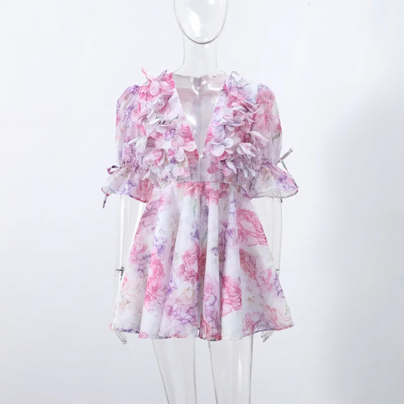 Chic Floral Printed Mini Dress Backless Sleeveless Hem Stacking Dresses Sweet A Line Vestidos 2025 New Lady Party Club Clothing