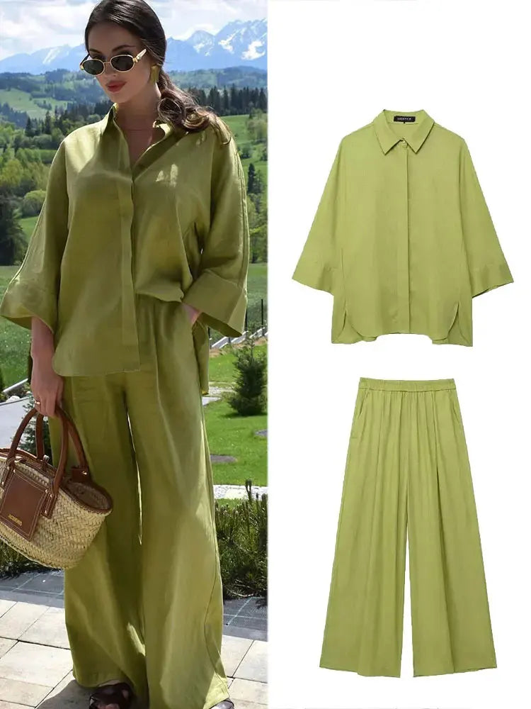 HH 2025 Damen 2-teiliges Set, elastische Taille, Taschenfalten, verziert breite Beinhosen + solides einreihiges Blusenoberteil mit Schlitz am Saum