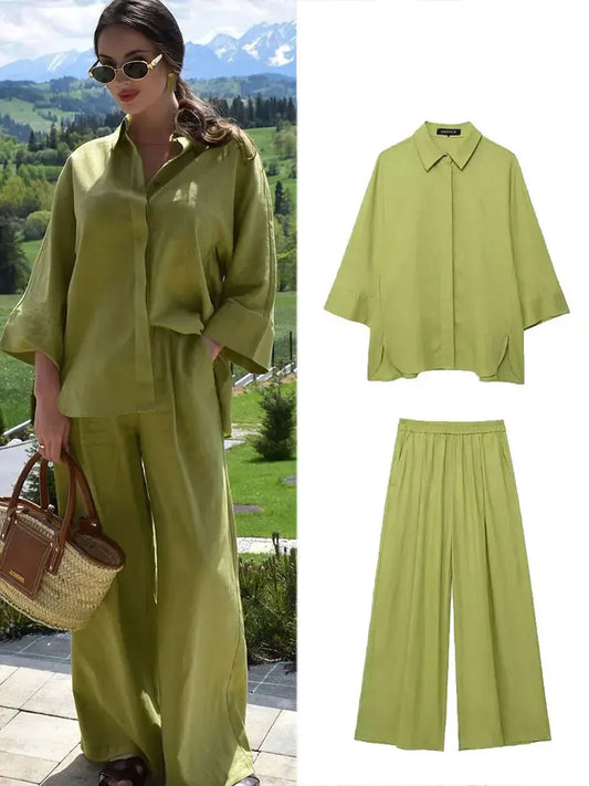 HH 2025 Damen 2-teiliges Set, elastische Taille, Taschenfalten, verziert breite Beinhosen + solides einreihiges Blusenoberteil mit Schlitz am Saum