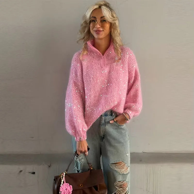 Casual Pailletten Lose Pullover Frauen Volle Hülse Gestrickte Solide Shinny Revers Reißverschlüsse Pullover Weibliche 2026 Frühling Dame Outwears