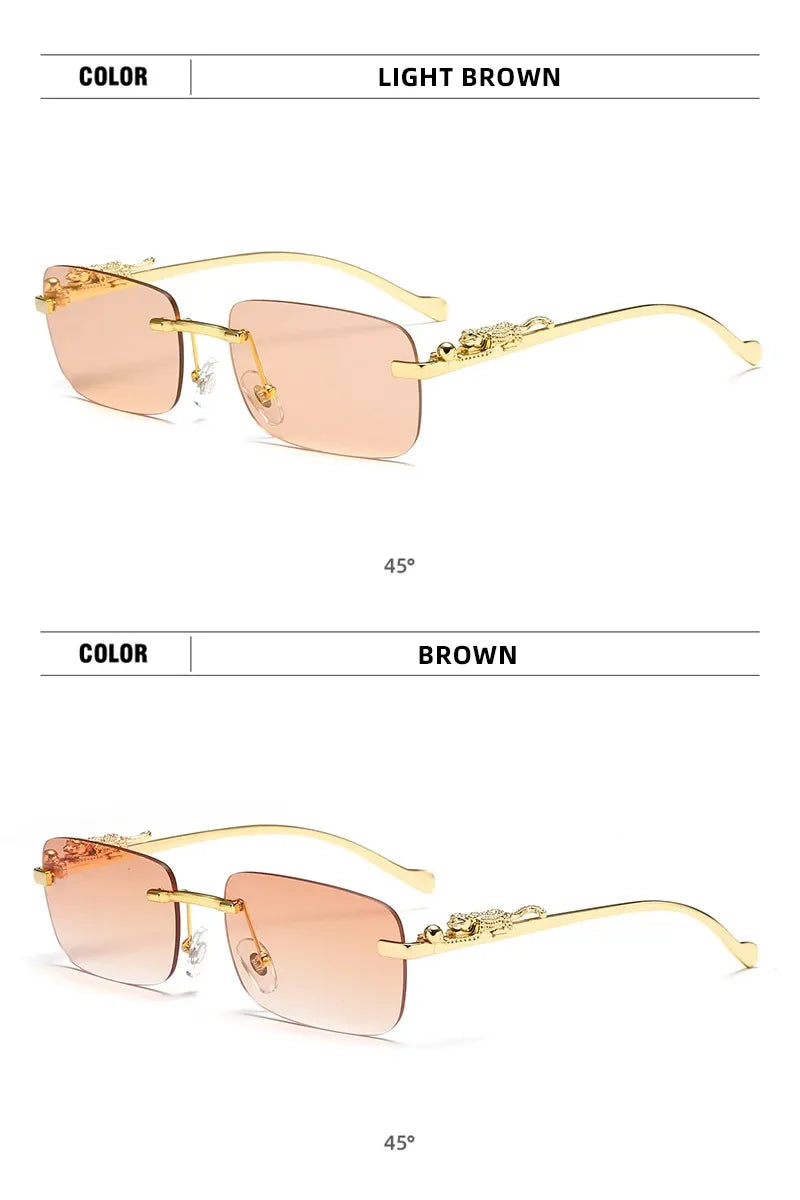 Klassische randlose Sonnenbrille für Herren und Damen, modisch, Leoparden-Dekoration, kleine Sonnenbrille, stilvoll, rahmenlos, zum Fahren, Reisen