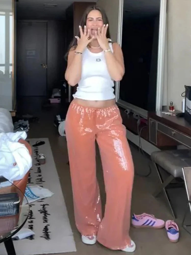Fashion Sequin Loose Pants Women Solid Drawstring High Waist Wide Leg Trousers Female 2026 Fashion Summer Shinny Bottom Lady